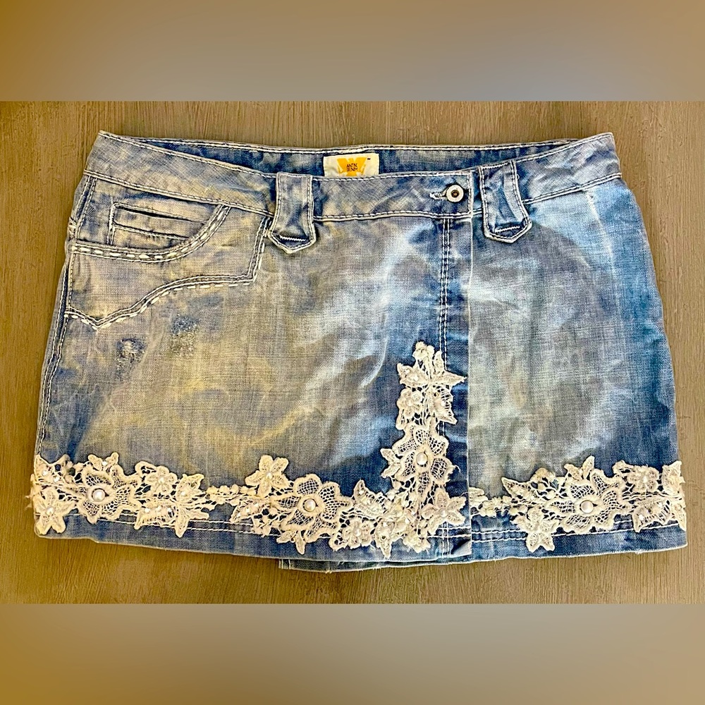 ANTIK denim beaded/lace trimmed mini skirt